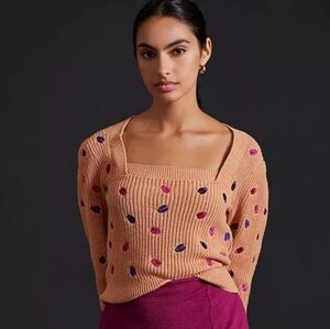 Anthropologie Maeve Elliana Embroidered Bug Mutton Sleeve Sweater Sz XS